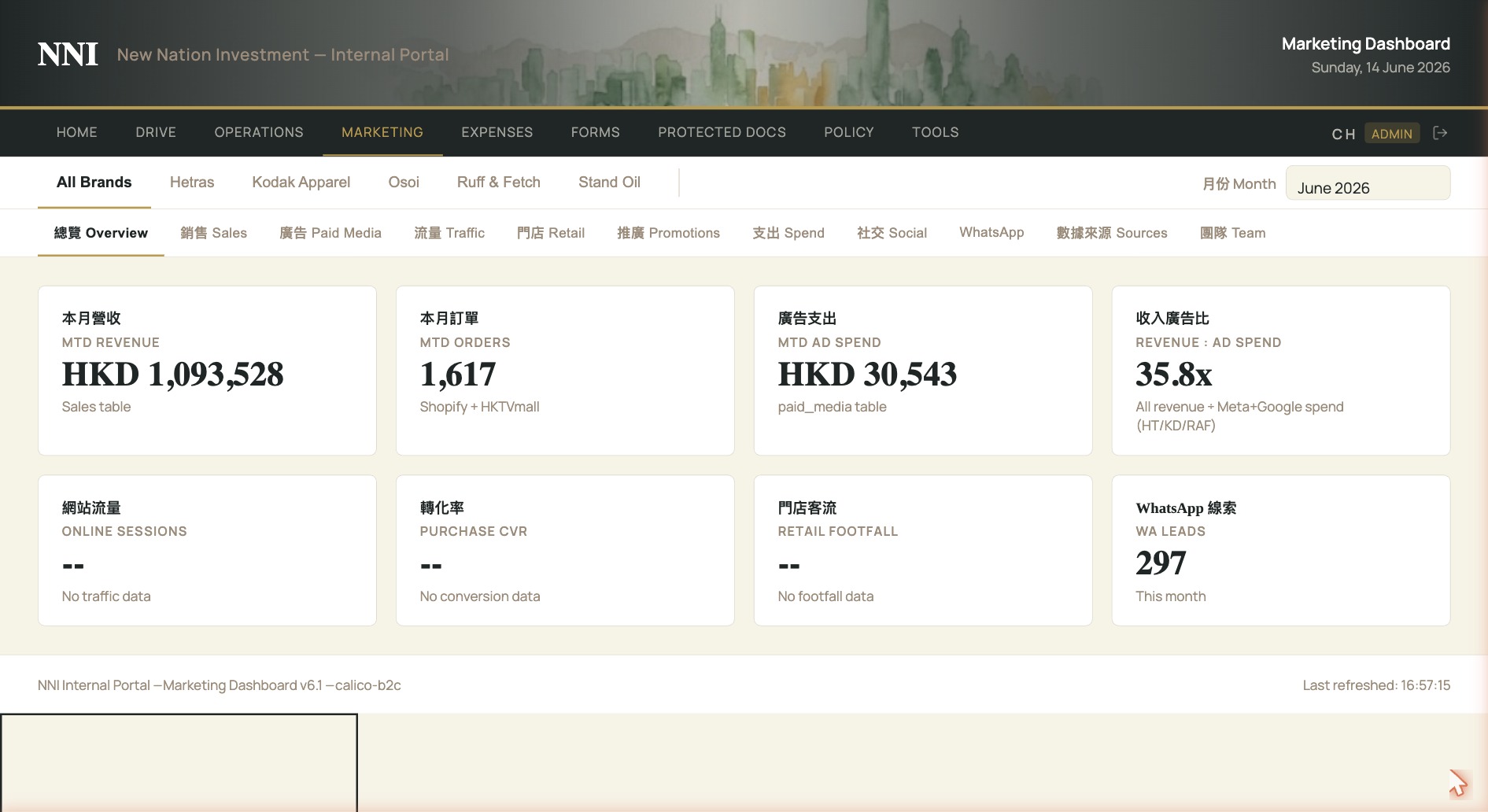 Marketing Dashboard: brand tab bar, Month filter, the 11-tab bar, and the Overview KPI cards